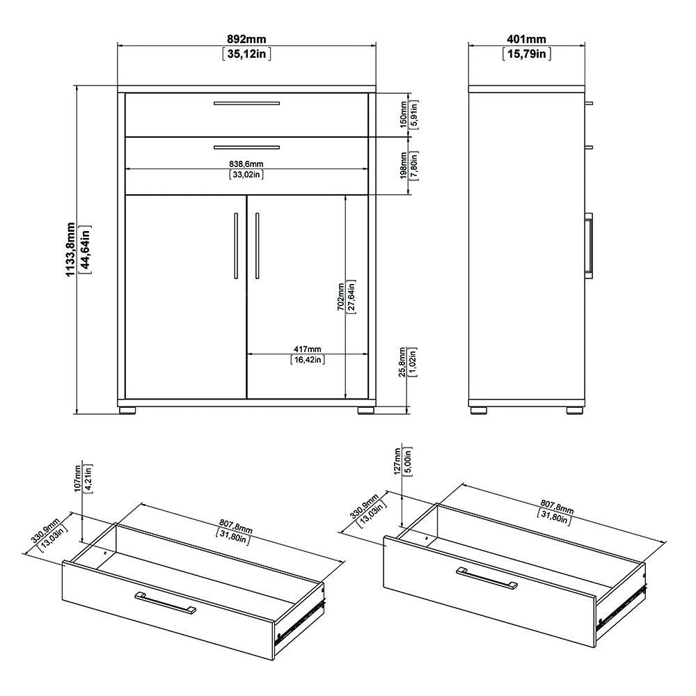 Axton Trinity Bookcase 5 Shelves with 2 Drawers and 2 Doors in White