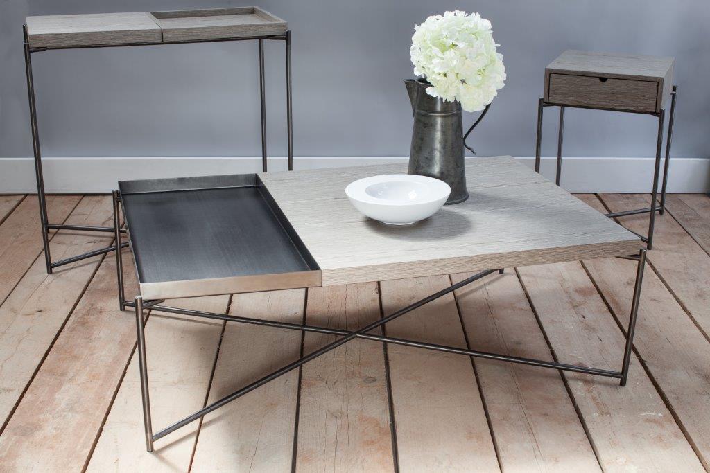 Gillmore Space Iris Rectangle Coffee Table Weathered Oak Top & Metal Gun Tray